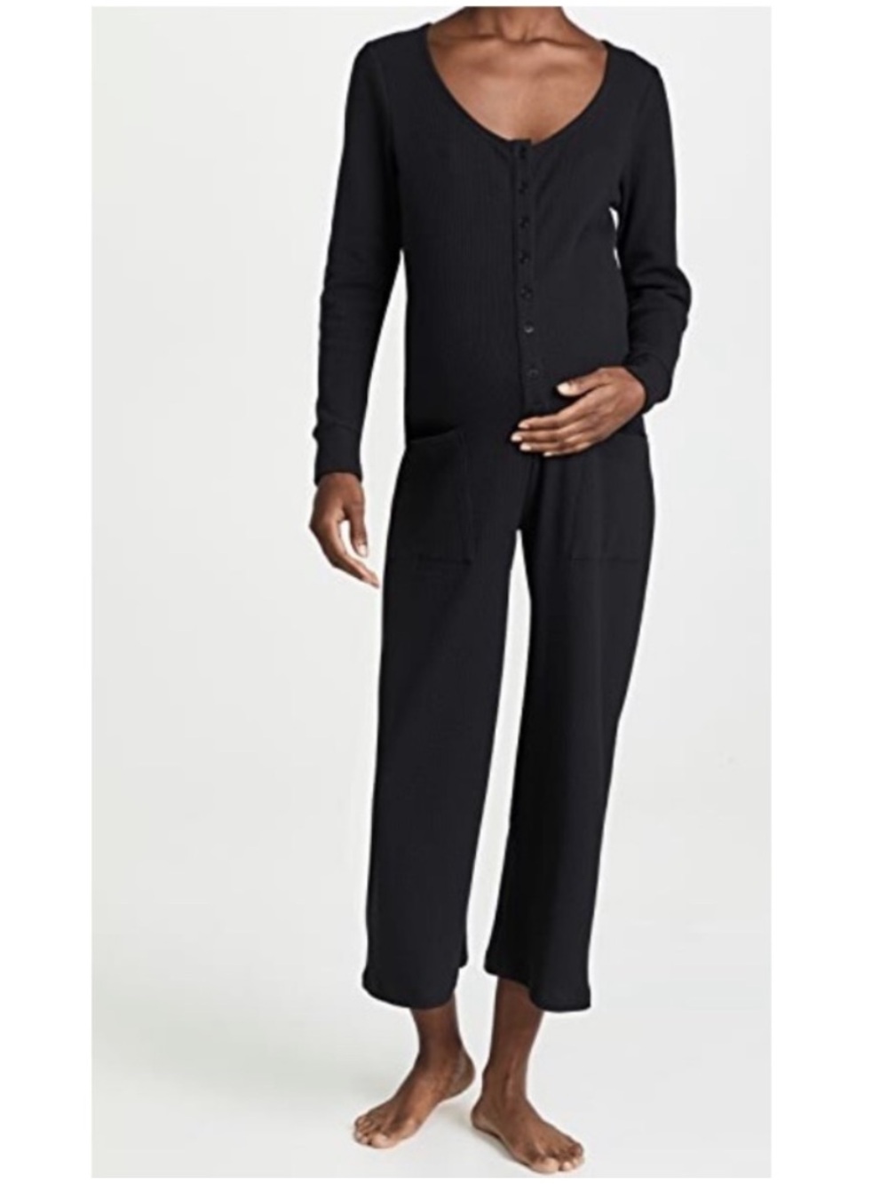 Hatch Daily Feed Long Sleeve Maternity Jumpsuit Black Thermal Waffle Knit-2/M